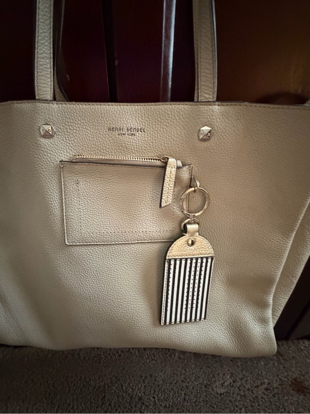 Henri Bendel Cream Pebbled Leather Tote with Striped Bendel Key Charm - Picture 7 of 12